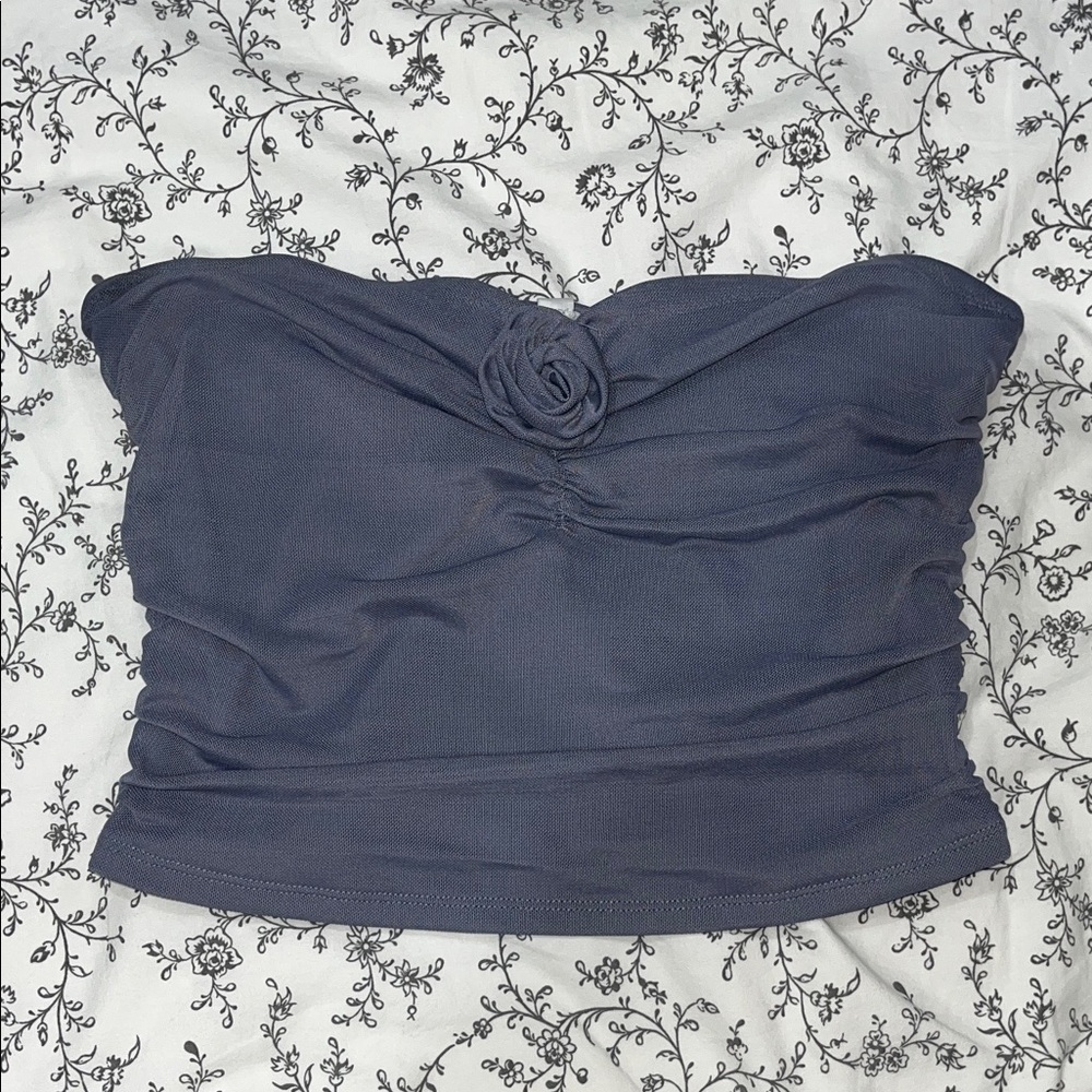 Garage Dark Blue Strapless Crop Top with Floral Accent